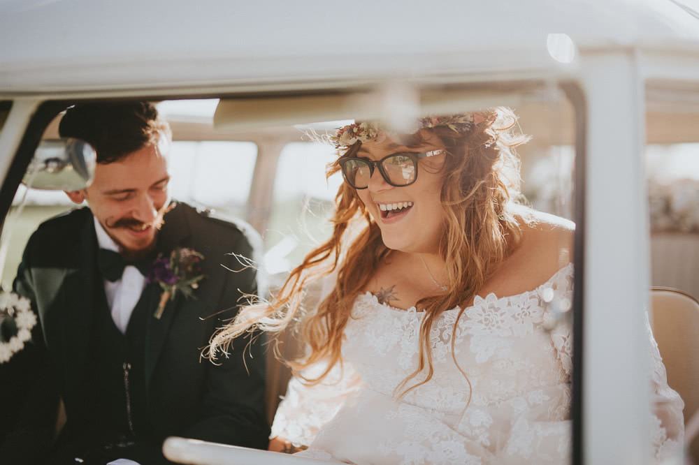 Bride Bridal Lace Sleeves Overlay A Line Dress Gown Flower Crown Kilt Green Jacket Groom Bow Tie Ash Farm Barns Wedding Flawless Photography