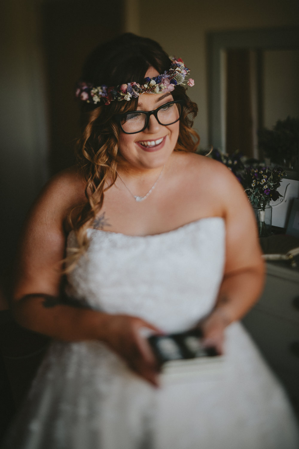 Flower Crown Bride Bridal Glasses Ash Farm Barns Wedding Flawless Photography