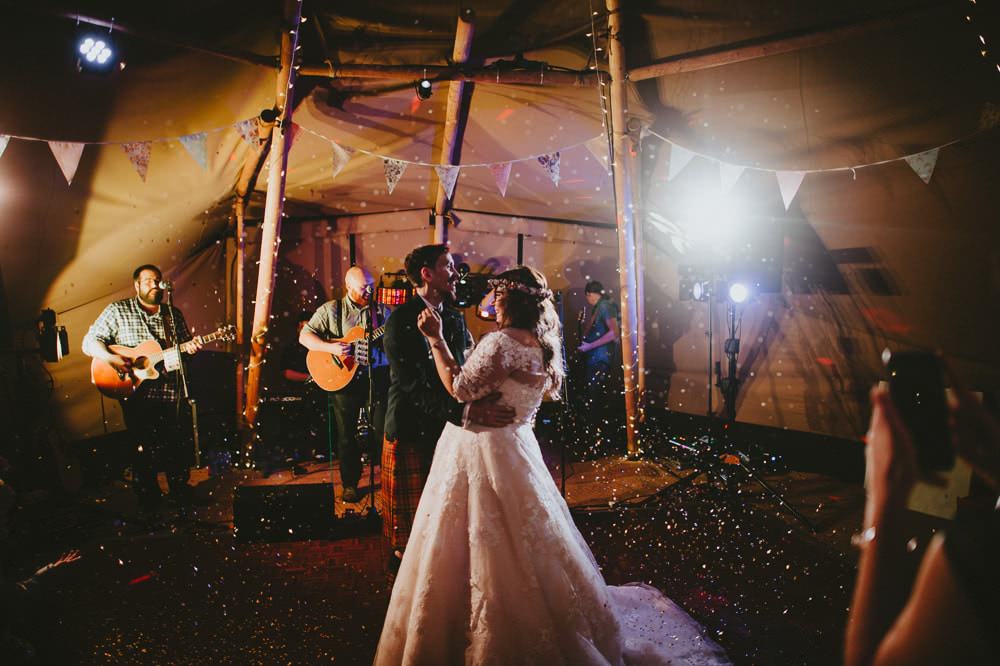 Bride Bridal Lace Sleeves Overlay A Line Dress Gown Flower Crown Kilt Green Jacket Groom Bow Tie Tipi First Dance Ash Farm Barns Wedding Flawless Photography