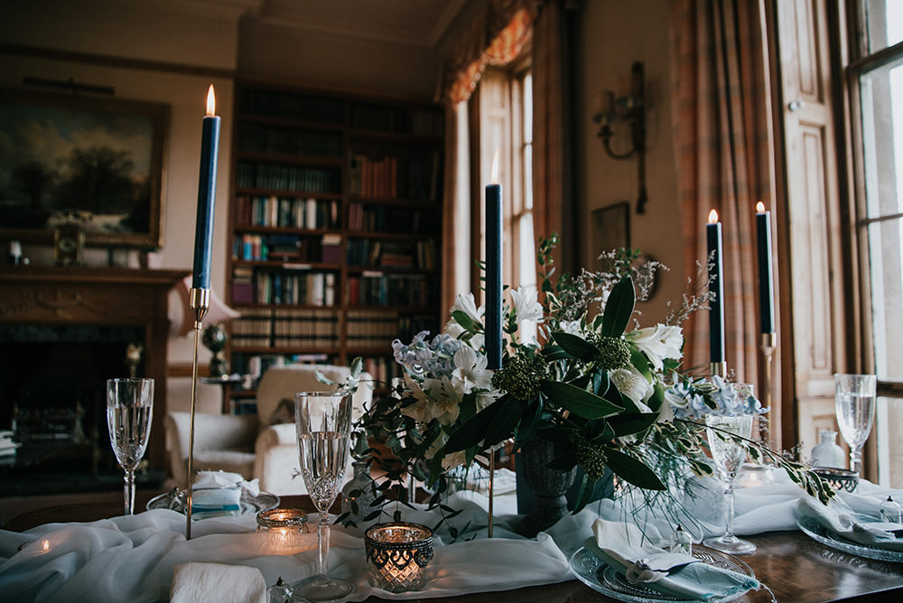 Table Tablescape Decor Decoration Candles Grey Silver Urn Flowers Blue Wedding Ideas Emma McNair Photography