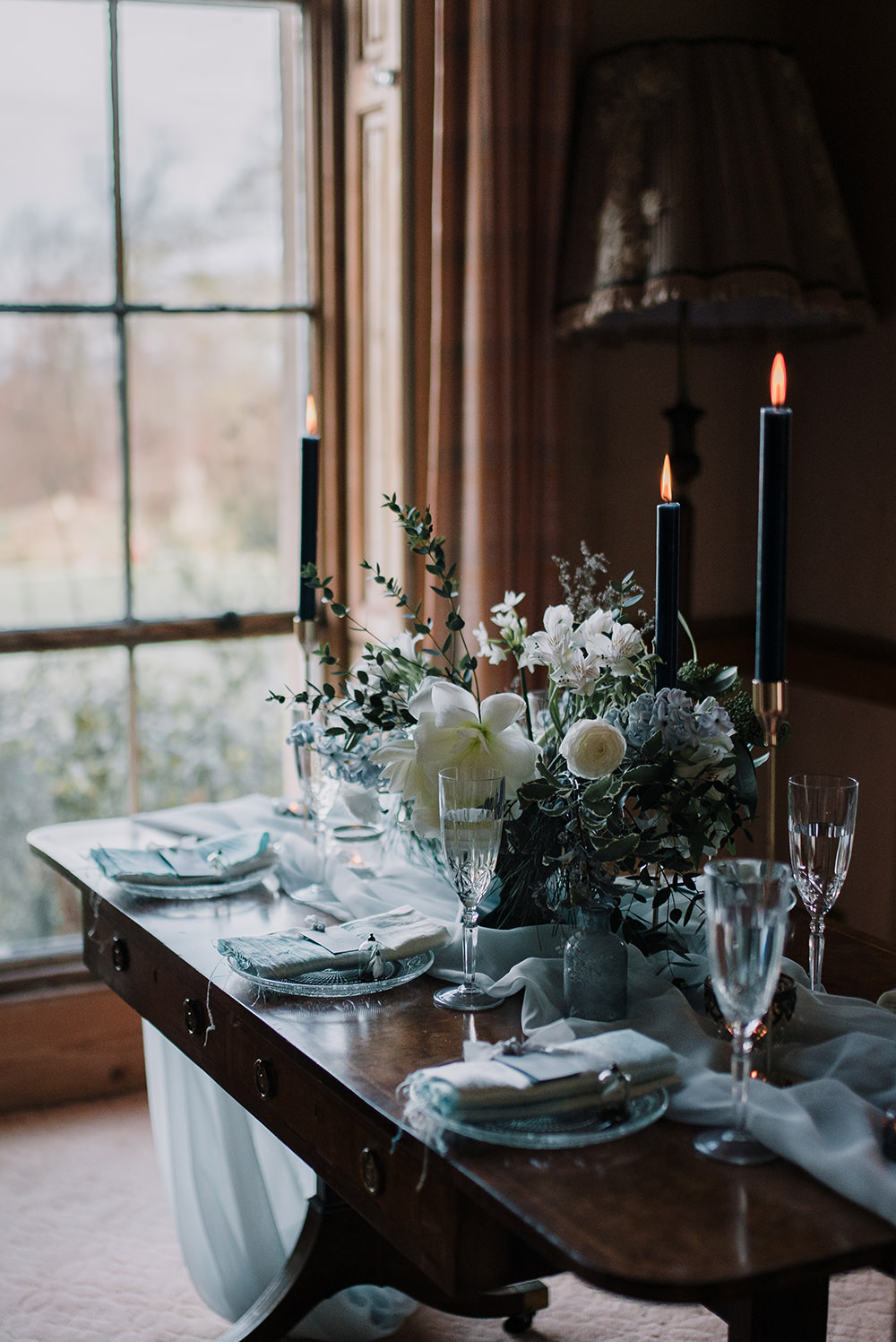 Table Tablescape Decor Decoration Candles Grey Silver Urn Flowers Blue Wedding Ideas Emma McNair Photography