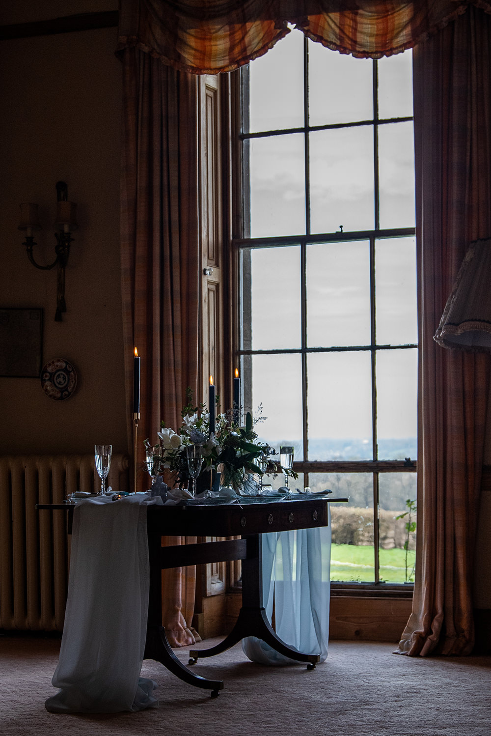 Table Tablescape Decor Decoration Candles Grey Silver Urn Flowers Blue Wedding Ideas Emma McNair Photography