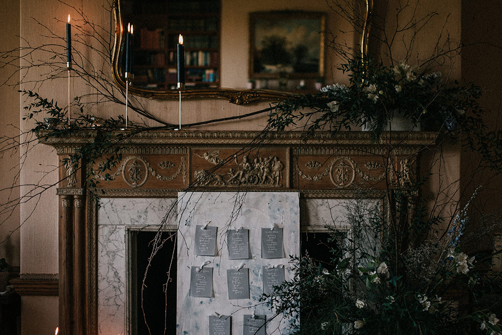 Fireplace Mantle Flowers Candles Decor Blue Wedding Ideas Emma McNair Photography