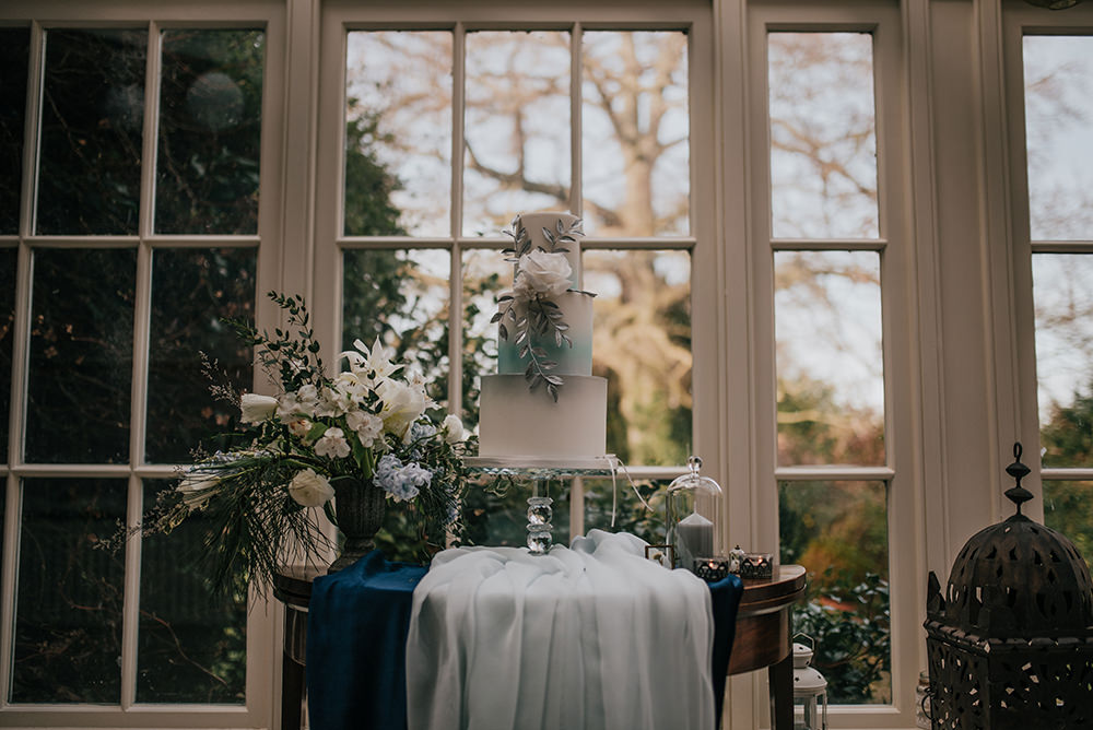 Cake Table Silver Floral Flower Modern Ombre Blue Wedding Ideas Emma McNair Photography