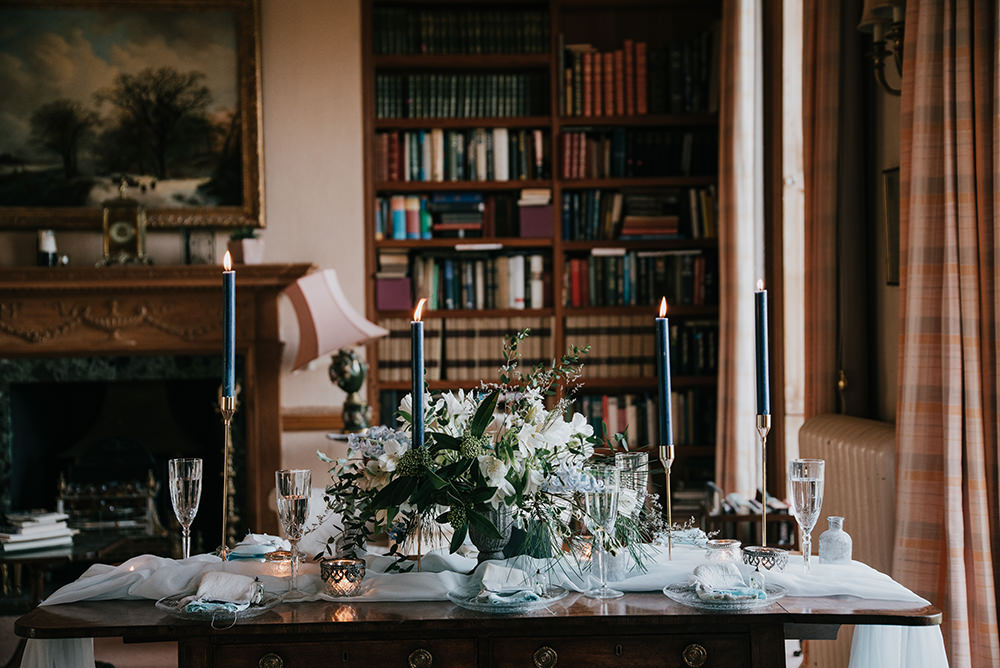 Table Tablescape Decor Decoration Candles Grey Silver Urn Flowers Blue Wedding Ideas Emma McNair Photography