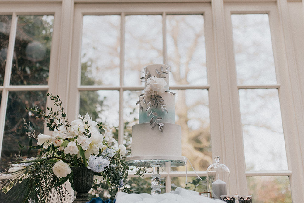 Cake Table Silver Floral Flower Modern Ombre Blue Wedding Ideas Emma McNair Photography