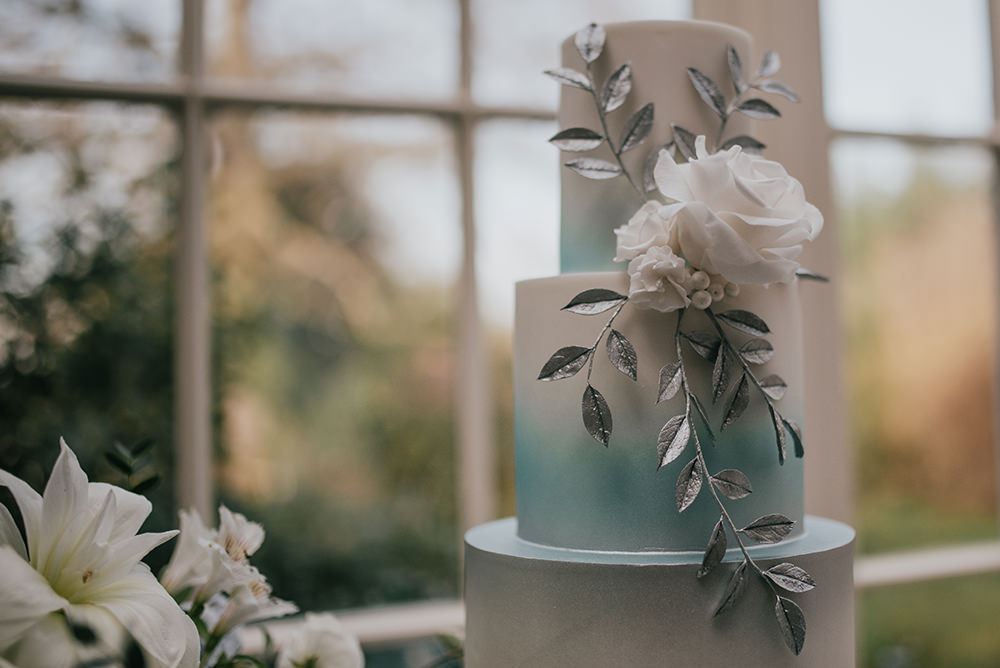 Cake Silver Floral Flower Modern Ombre Blue Wedding Ideas Emma McNair Photography