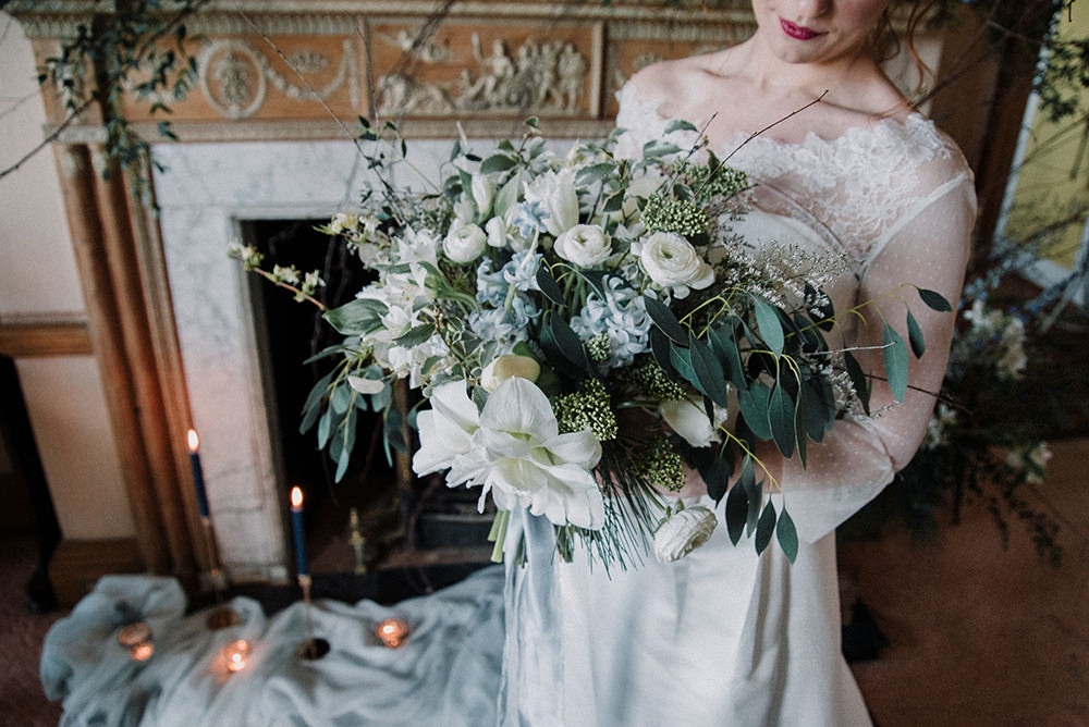 Bride Bridal Bouquet Flowers White Greenery Foliage Ranunculus Blue Wedding Ideas Emma McNair Photography