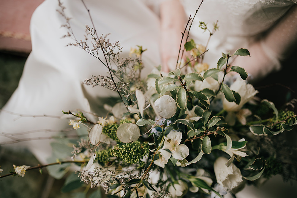 Bride Bridal Bouquet Flowers White Greenery Foliage Ranunculus Blue Wedding Ideas Emma McNair Photography