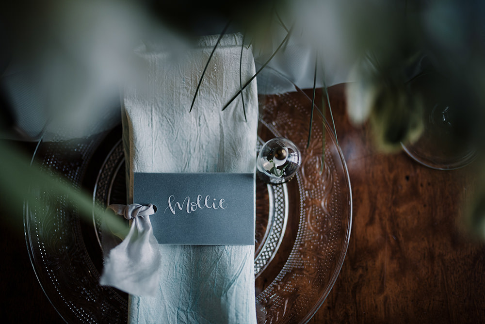 Grey White Calligraphy Place Name Cards Tags Napkin Blue Wedding Ideas Emma McNair Photography