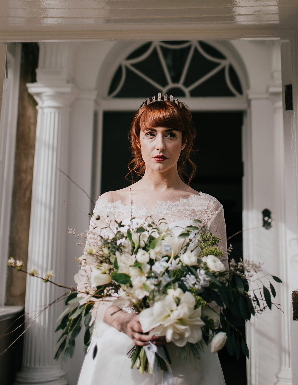 Bride Bridal Bouquet Flowers White Greenery Foliage Ranunculus Blue Wedding Ideas Emma McNair Photography