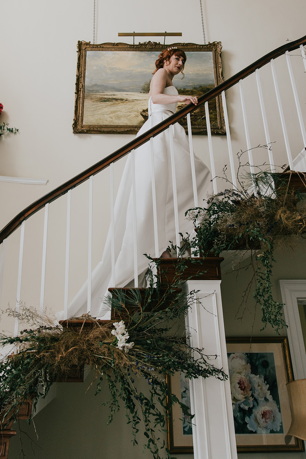 Stairs Staircase Flower Installation Greenery Foliage Arrangement Blue Wedding Ideas Emma McNair Photography