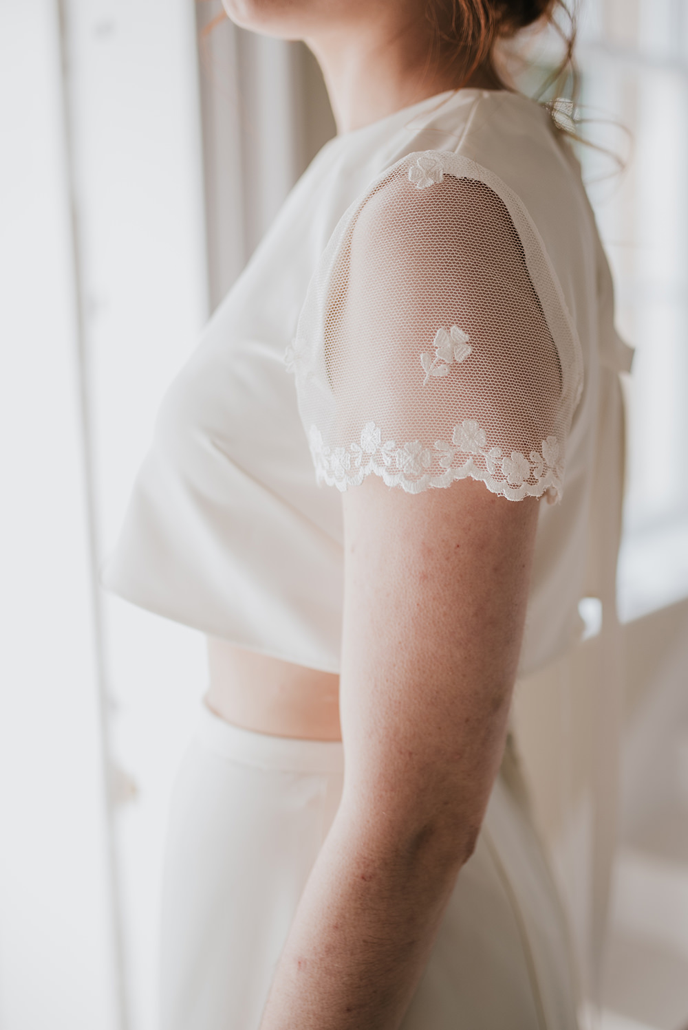 Bride Bridal Dress Gown Top Skirt Crop Sleeves Lace Two Piece Blue Wedding Ideas Emma McNair Photography