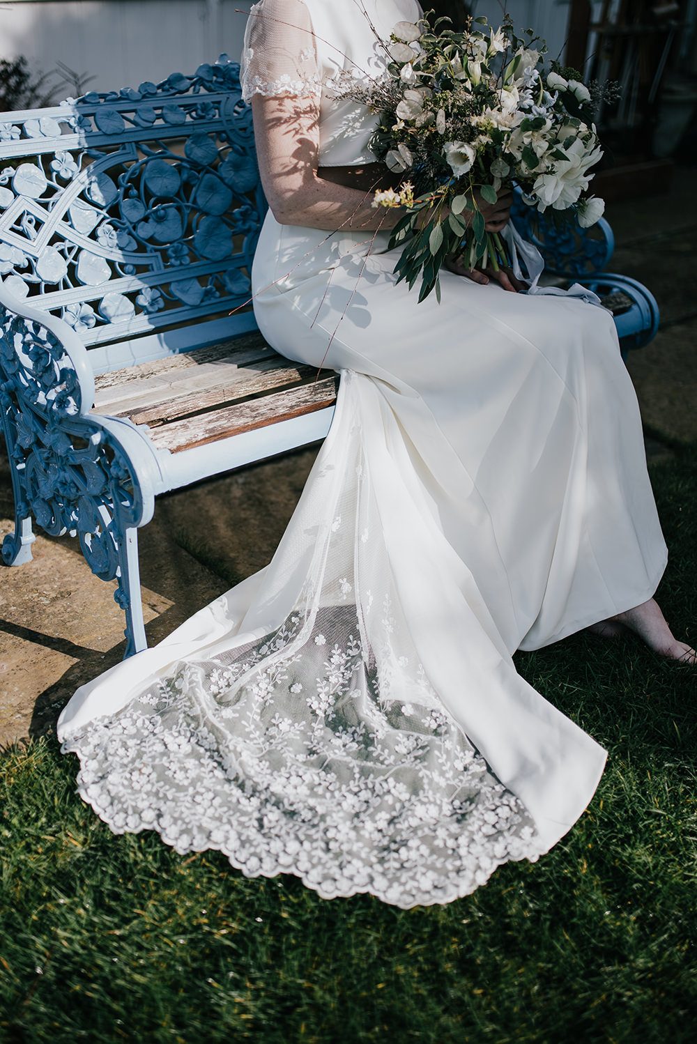Bride Bridal Dress Gown Top Skirt Crop Sleeves Lace Two Piece Train Blue Wedding Ideas Emma McNair Photography