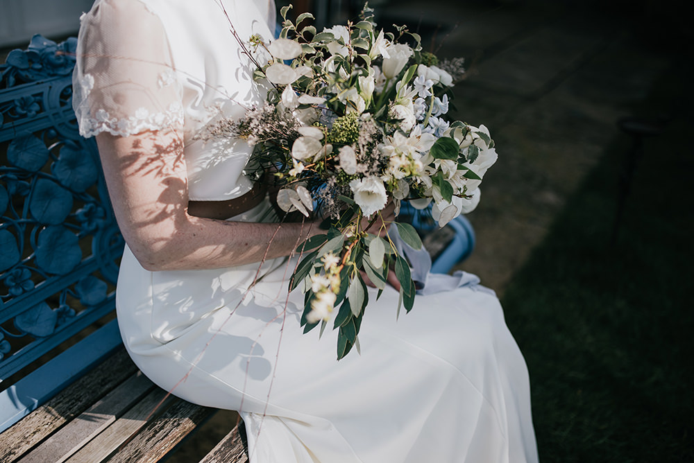 Bride Bridal Bouquet Flowers White Greenery Foliage Ranunculus Blue Wedding Ideas Emma McNair Photography