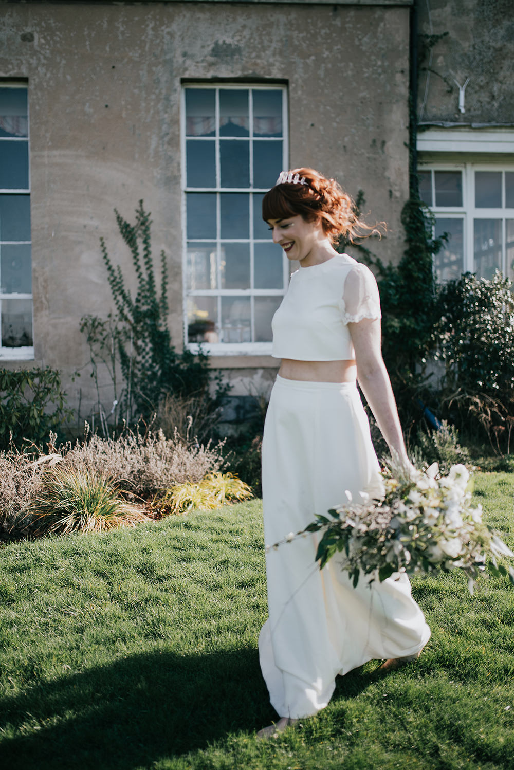 Bride Bridal Dress Gown Top Skirt Crop Sleeves Lace Two Piece Blue Wedding Ideas Emma McNair Photography