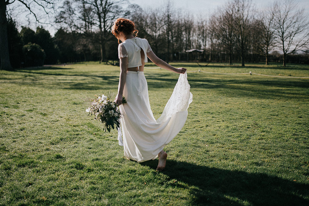 Bride Bridal Dress Gown Top Skirt Crop Sleeves Lace Two Piece Blue Wedding Ideas Emma McNair Photography