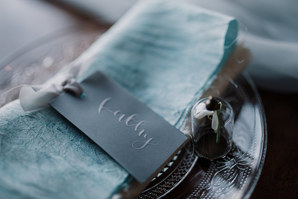 Grey White Calligraphy Place Name Cards Tags Napkin Blue Wedding Ideas Emma McNair Photography