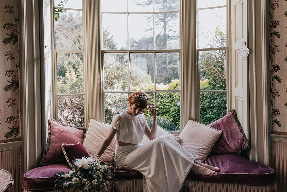 Bride Bridal Dress Gown Top Skirt Crop Sleeves Lace Two Piece Blue Wedding Ideas Emma McNair Photography