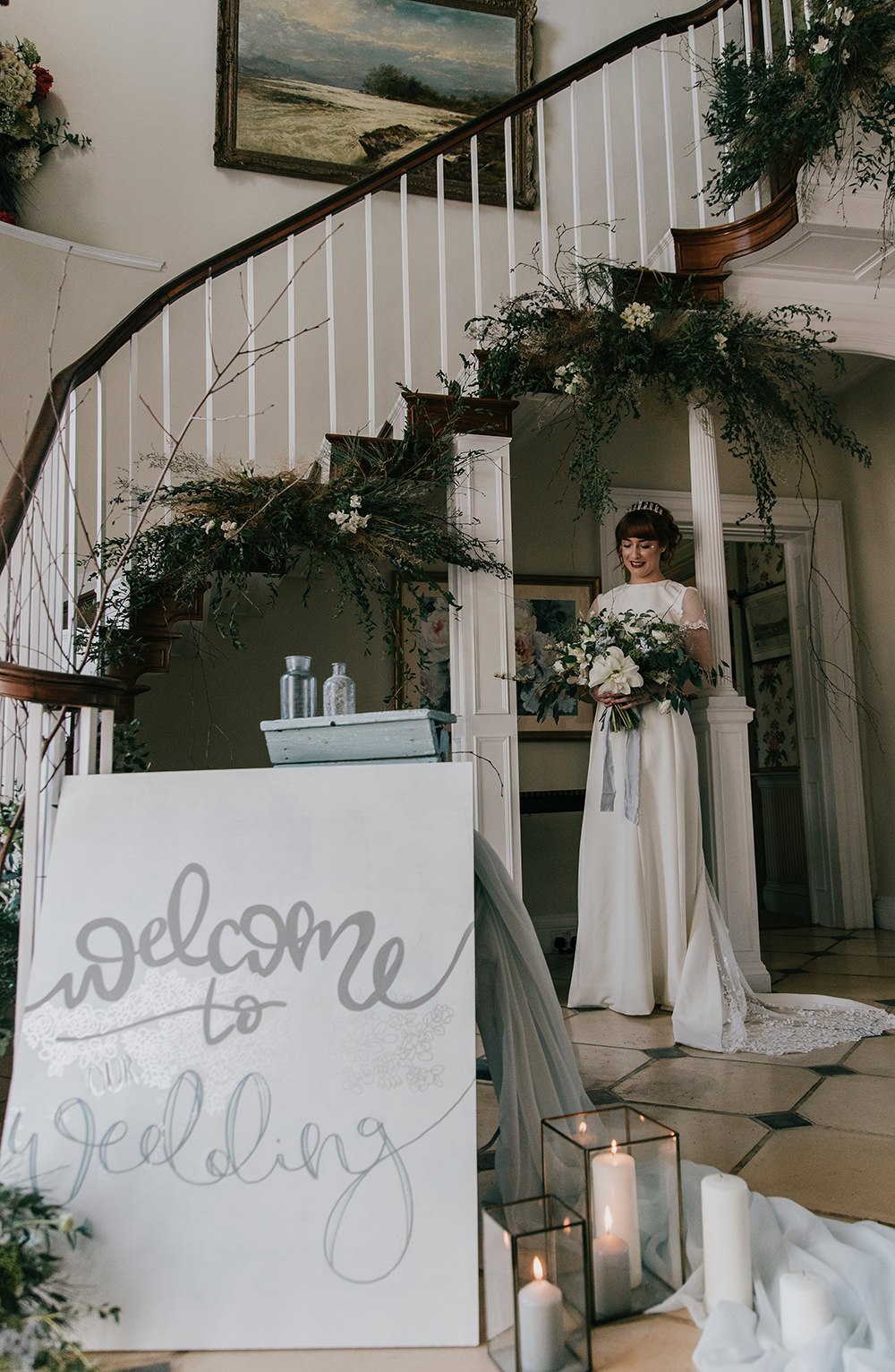 Stairs Staircase Flower Installation Greenery Foliage Arrangement Sign Signage Blue Wedding Ideas Emma McNair Photography