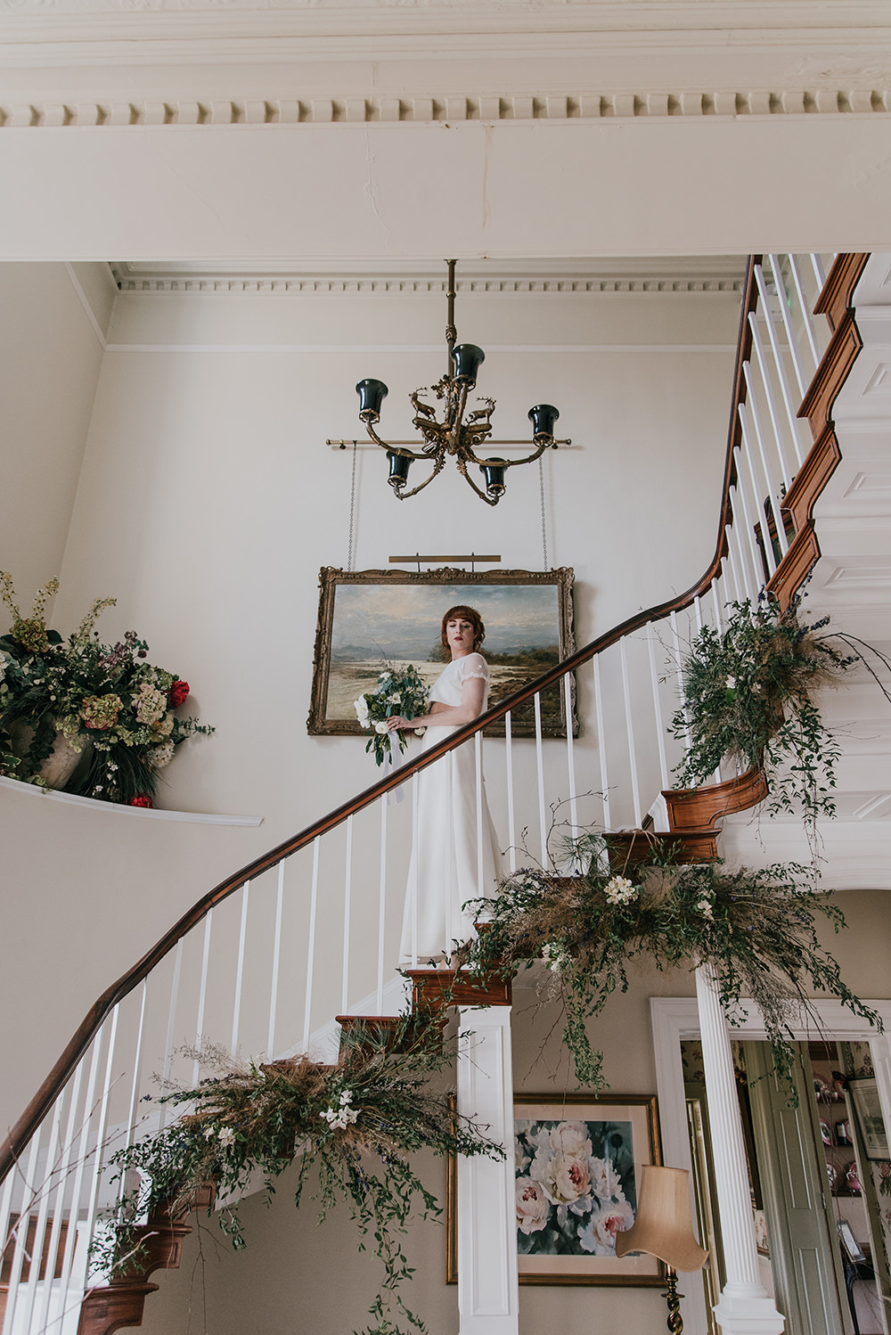 Stairs Staircase Flower Installation Greenery Foliage Arrangement Blue Wedding Ideas Emma McNair Photography