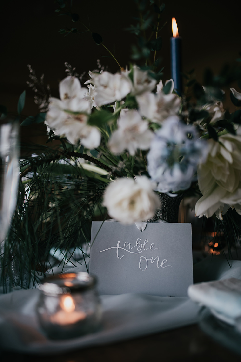 Grey White Calligraphy Table Name Number Blue Wedding Ideas Emma McNair Photography