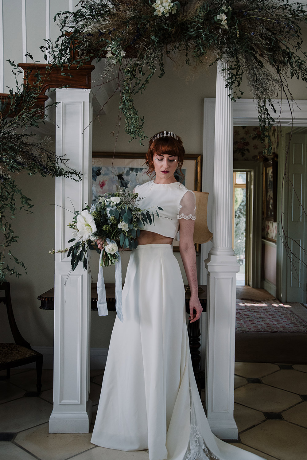 Bride Bridal Dress Gown Top Skirt Crop Sleeves Lace Two Piece Blue Wedding Ideas Emma McNair Photography