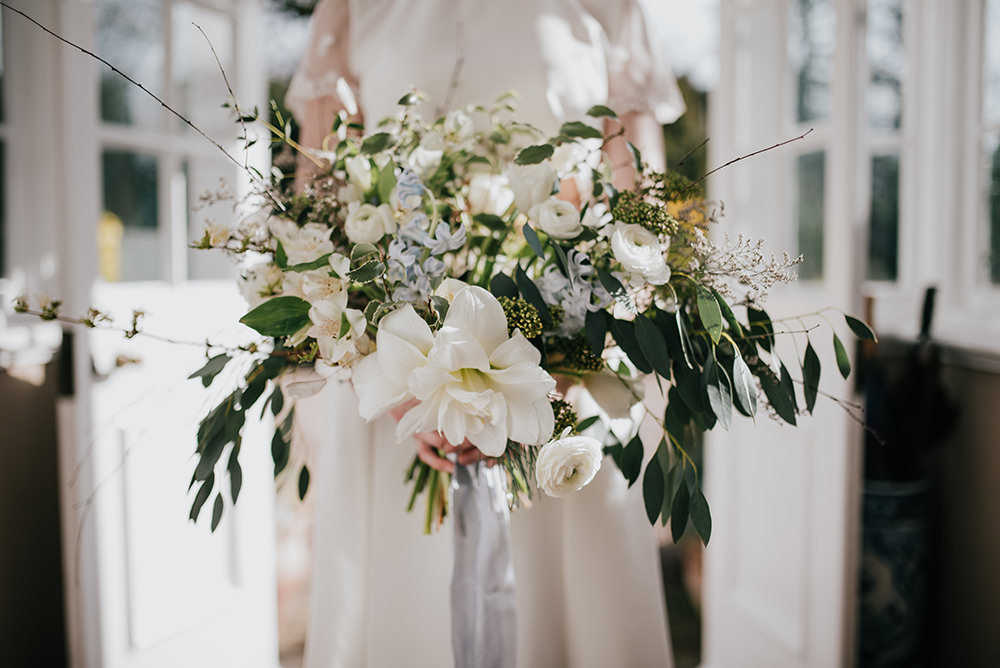 Bride Bridal Bouquet Flowers White Greenery Foliage Ranunculus Blue Wedding Ideas Emma McNair Photography