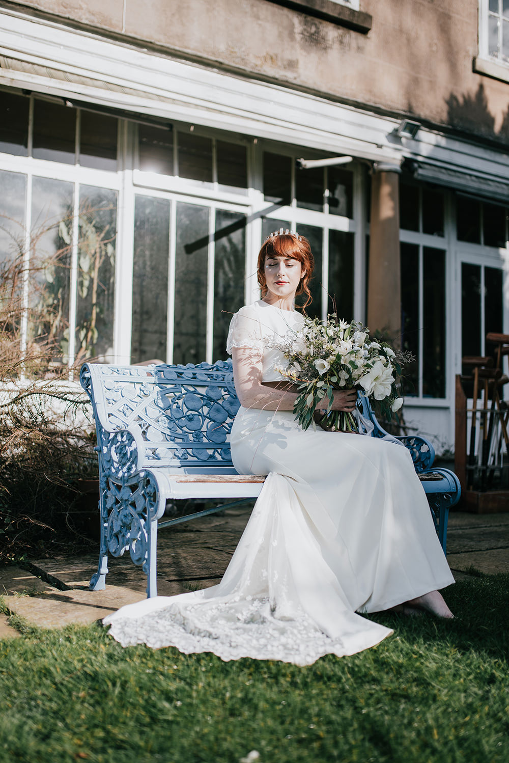 Bride Bridal Dress Gown Top Skirt Crop Sleeves Lace Two Piece Lace Train Blue Wedding Ideas Emma McNair Photography