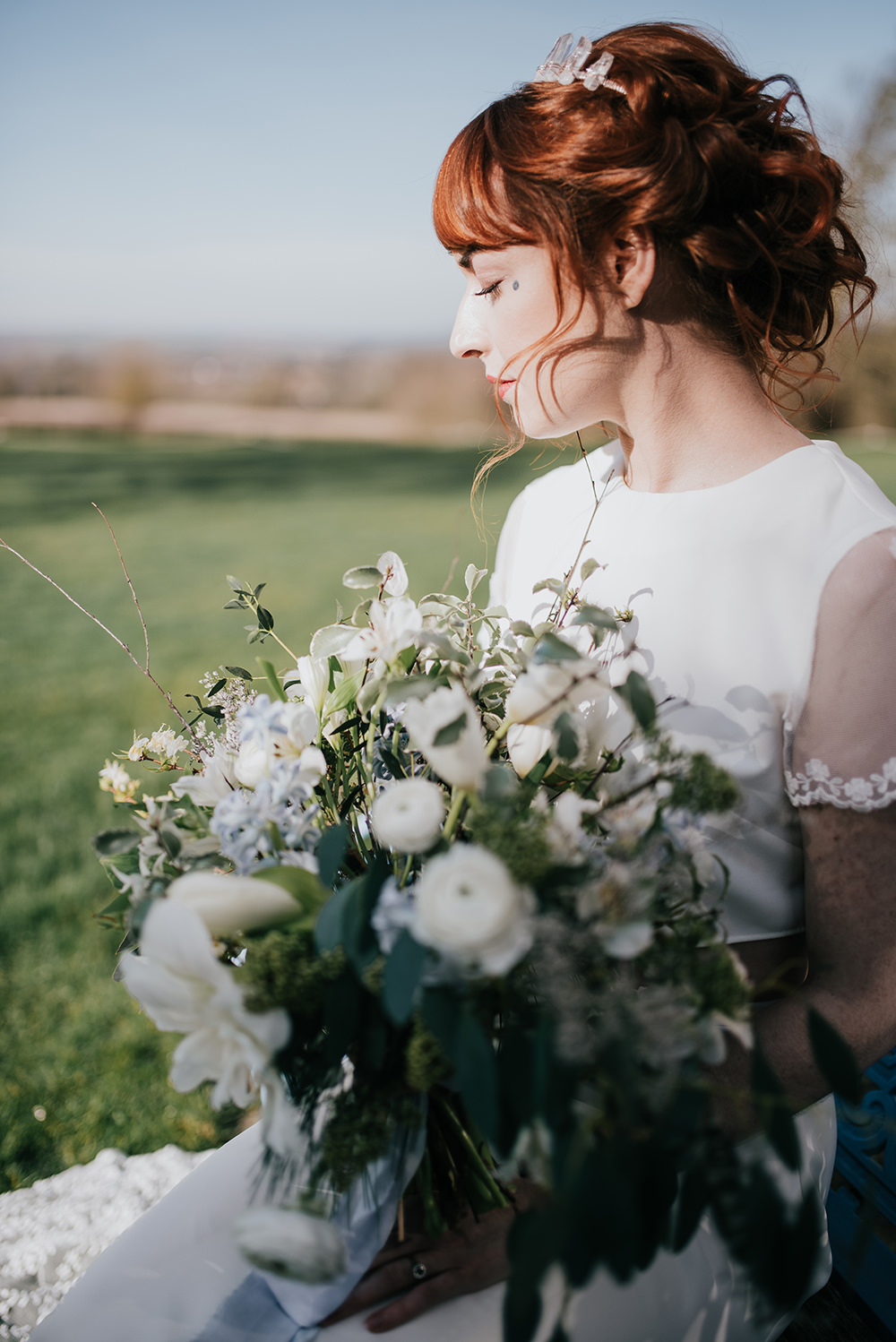 Bride Bridal Bouquet Flowers White Greenery Foliage Ranunculus Blue Wedding Ideas Emma McNair Photography
