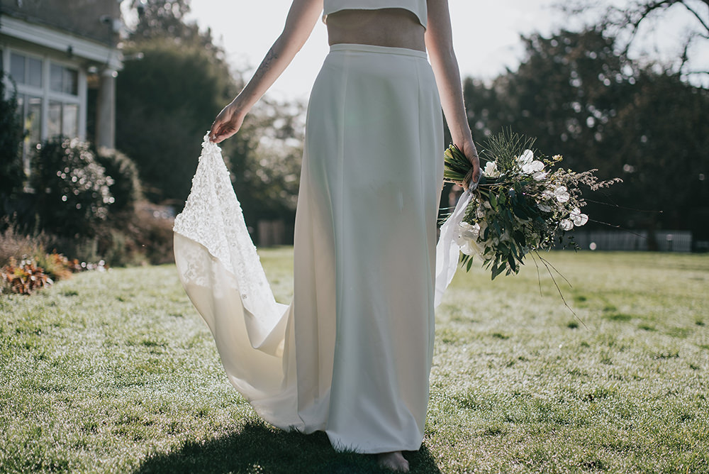 Bride Bridal Dress Gown Top Skirt Crop Sleeves Lace Two Piece Blue Wedding Ideas Emma McNair Photography