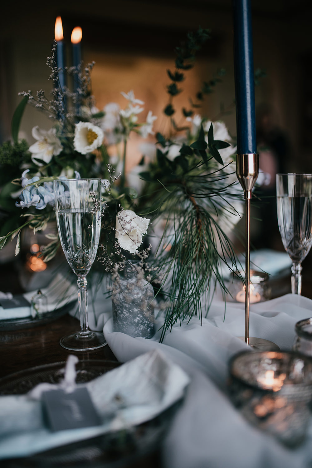 Table Tablescape Decor Decoration Candles Grey Silver Urn Flowers Blue Wedding Ideas Emma McNair Photography