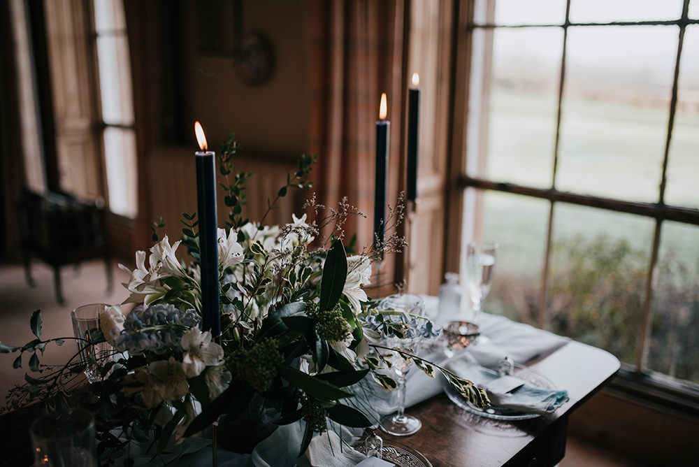 Table Tablescape Decor Decoration Candles Grey Silver Urn Flowers Blue Wedding Ideas Emma McNair Photography