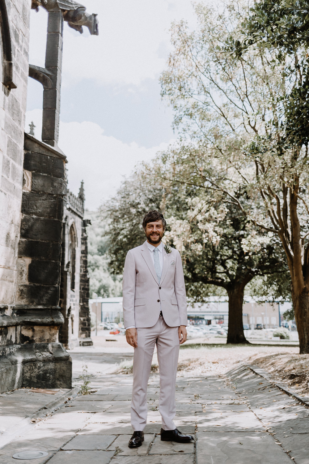 Groom Suit Cream Light Pastel Pink Tie Botanical Industrial Wedding Caitlin and Jones Photography