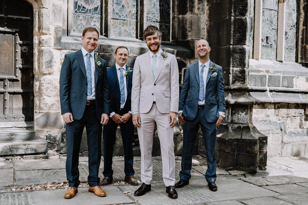 Groom Suit Cream Light Pastel Pink Tie Groomsmen Botanical Industrial Wedding Caitlin and Jones Photography