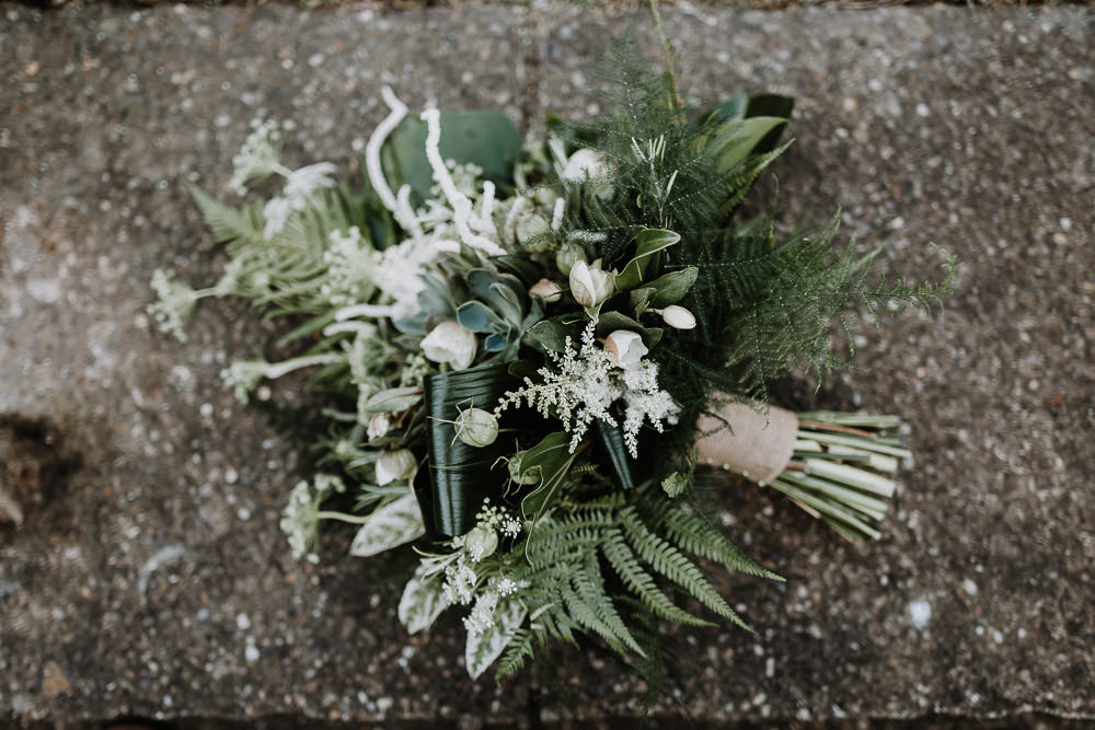 Bouquet Flowers Greenery Foliage Bride Bridal Fern Astilbe Botanical Industrial Wedding Caitlin and Jones Photography