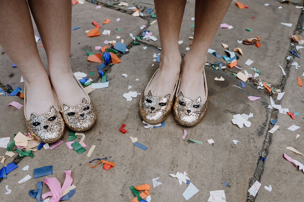 Colourful Confetti Cat Gold Sequin Shoes Botanical Industrial Wedding Caitlin and Jones Photography