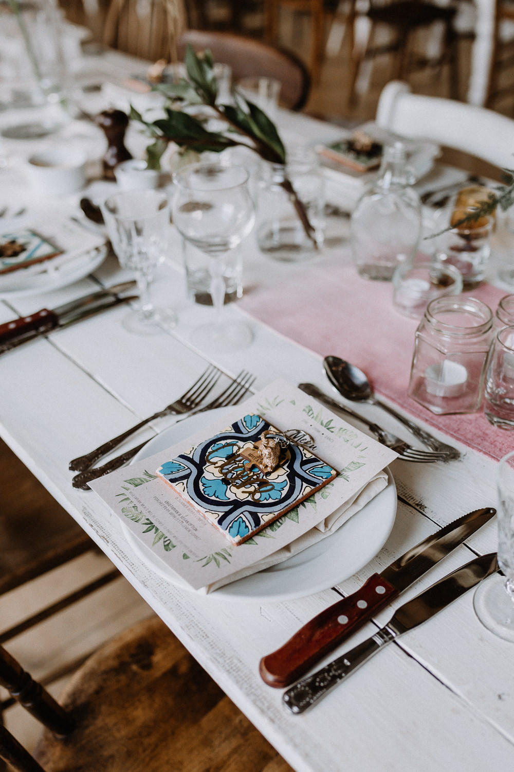 Tile Place Setting Keyring Favours Botanical Industrial Wedding Caitlin and Jones Photography