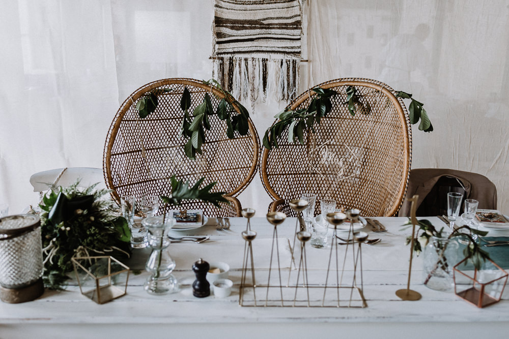 Bohemian Reception Decor Greenery Foliage Peacock Chairs Botanical Industrial Wedding Caitlin and Jones Photography