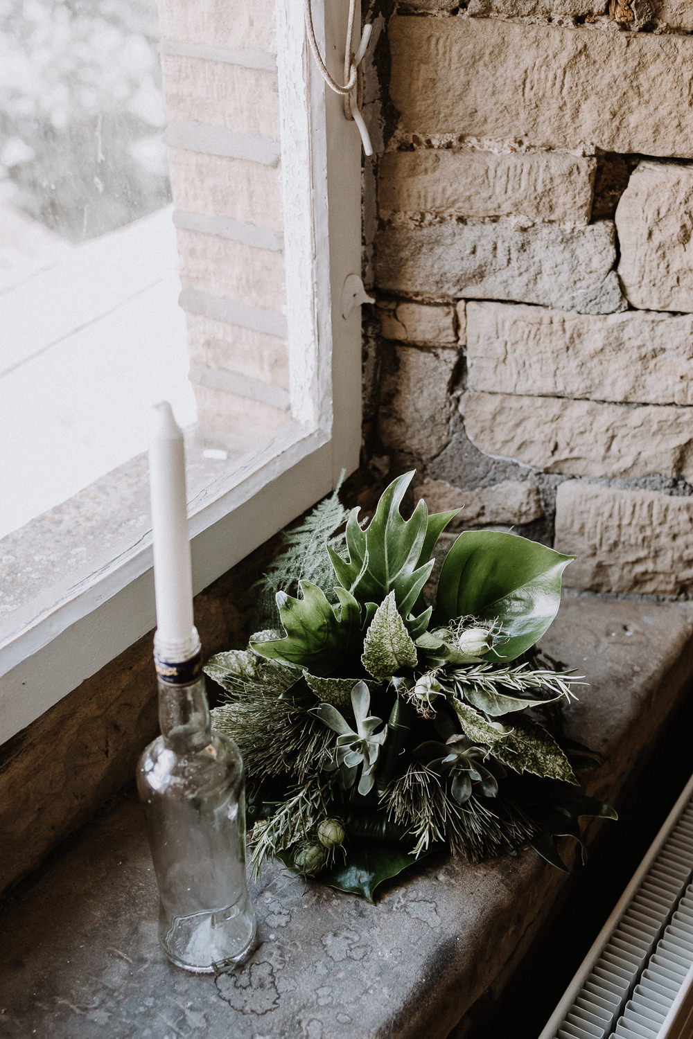 Candles Greenery Foliage Flowers Decor Botanical Industrial Wedding Caitlin and Jones Photography