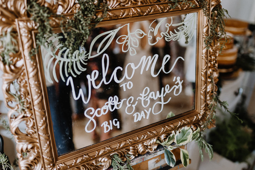 Mirror Welcome Sign Signage Calligraphy Mirror Botanical Industrial Wedding Caitlin and Jones Photography
