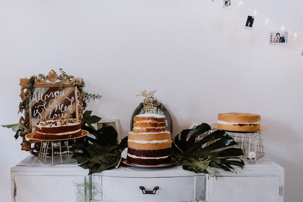 Cake Tabke Palm Leaves Dresser Furniture Naked Cake Botanical Industrial Wedding Caitlin and Jones Photography