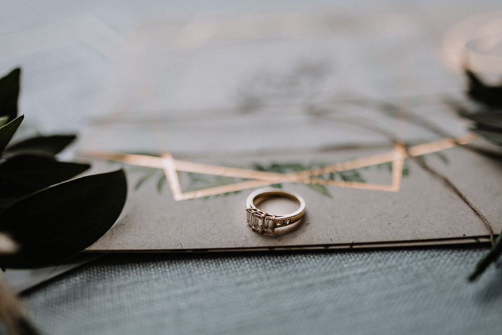 Engagement Ring Gold Trilogy Botanical Industrial Wedding Caitlin and Jones Photography