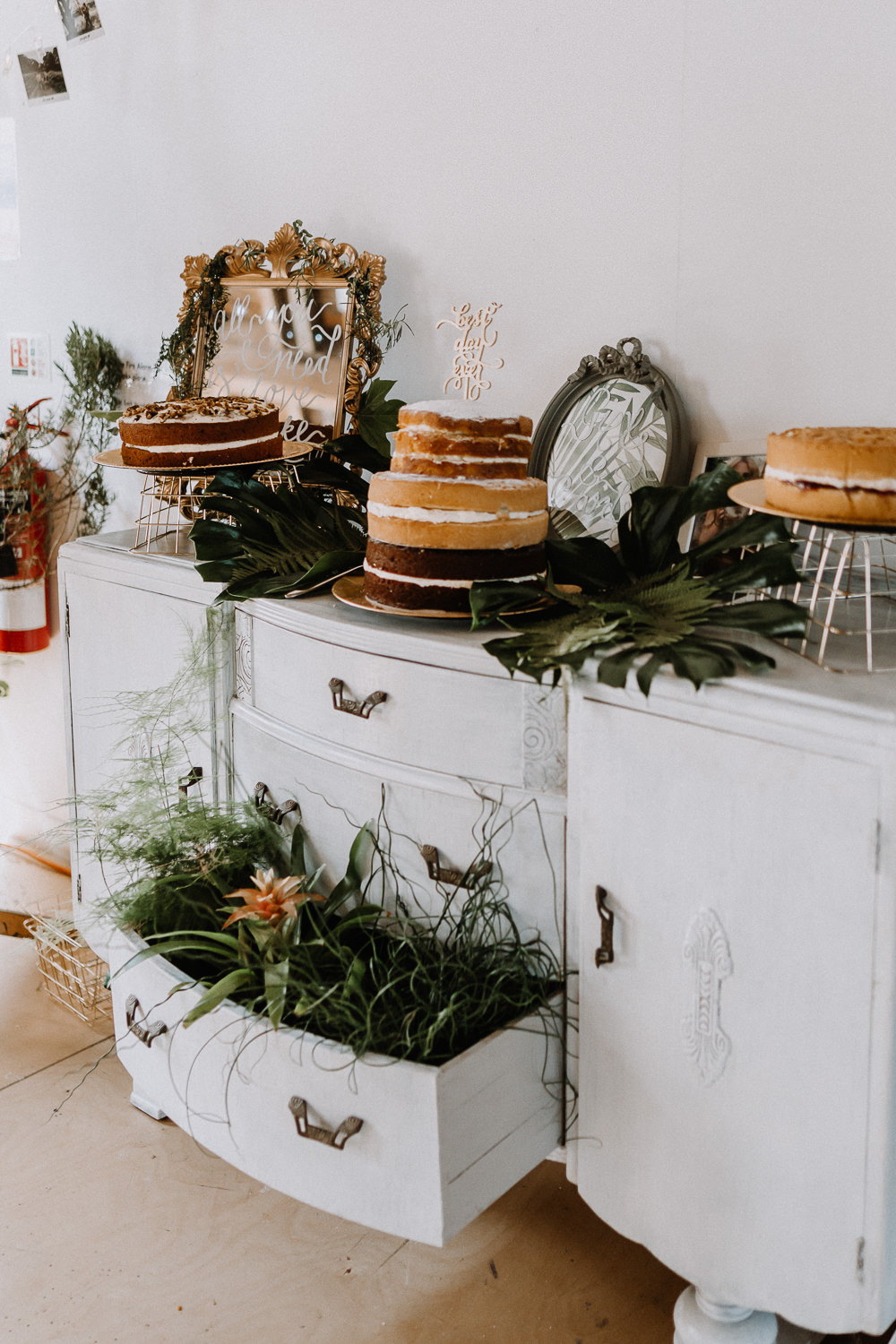 Cake Tabke Palm Leaves Dresser Furniture Naked Cake Botanical Industrial Wedding Caitlin and Jones Photography