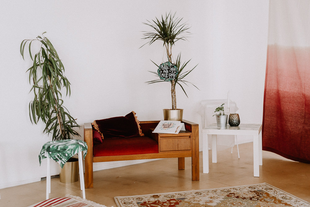 Retro Seating Area Indoor Plants Botanical Industrial Wedding Caitlin and Jones Photography