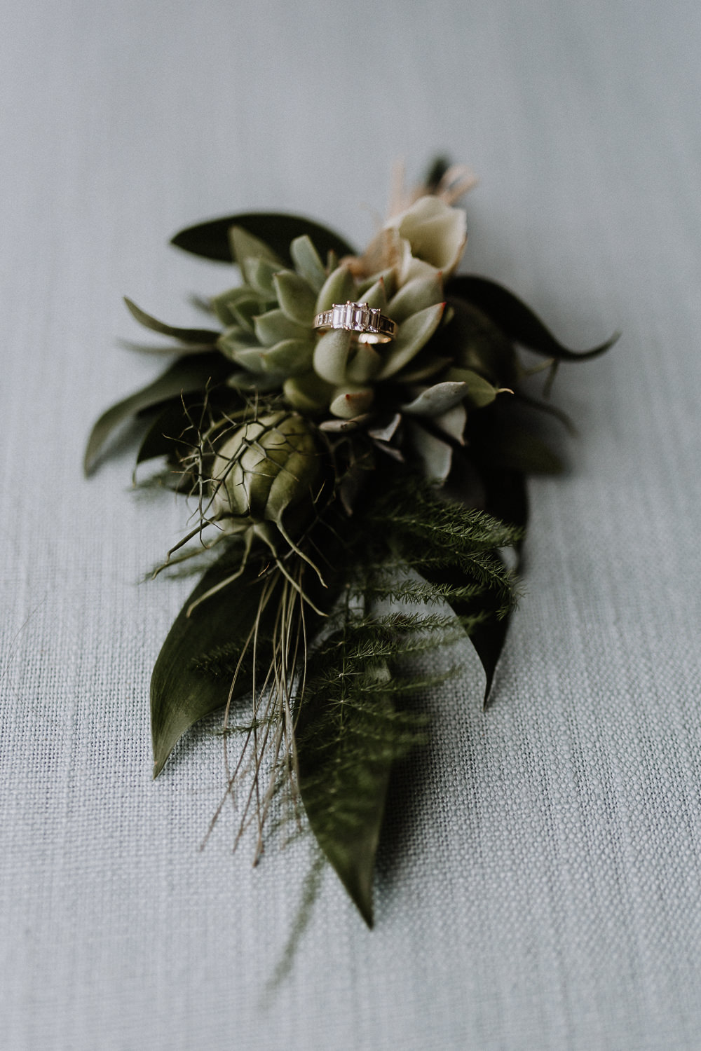 Buttonhole Flowers Greenery Foliage Fern Succulent Botanical Industrial Wedding Caitlin and Jones Photography
