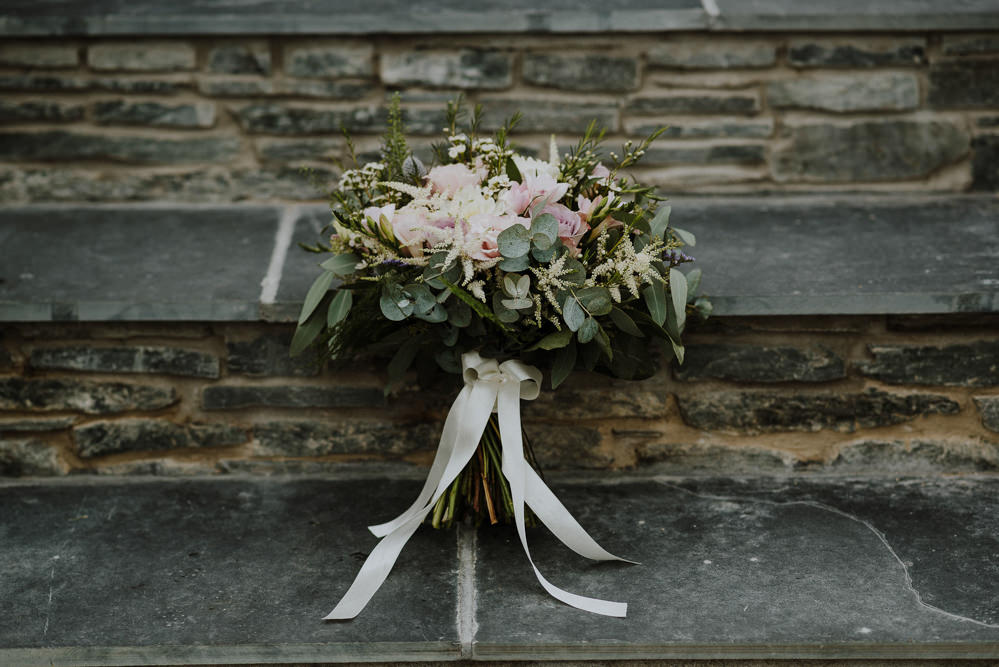 Bouquet Flowers Bride Bridal Pink Rose Dahlia Astilbe Greenery Foliage RIbbon Bre Pen Farm Wedding Nick Walker Photography