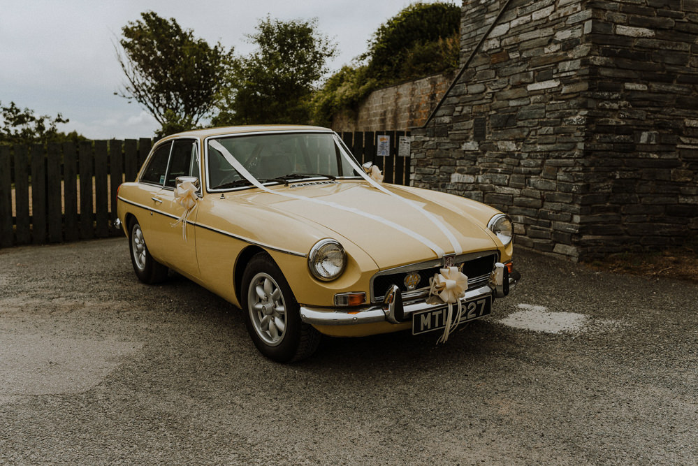 Yellow Classic Car Transport Bre Pen Farm Wedding Nick Walker Photography