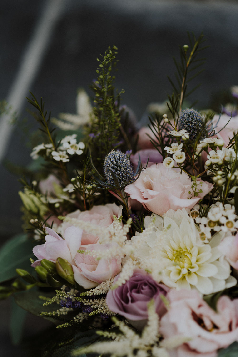 Bouquet Flowers Bride Bridal Pink Rose Dahlia Astilbe Greenery Foliage RIbbon Thistle Bre Pen Farm Wedding Nick Walker Photography