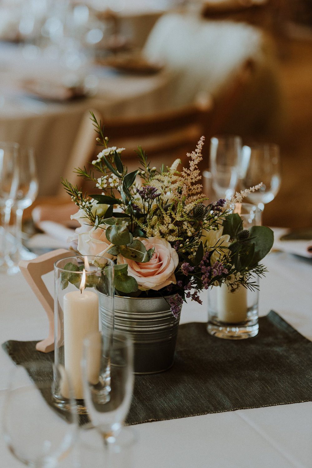 Tin Bucket Flowers Centrepiece Decor Table Candles Bre Pen Farm Wedding Nick Walker Photography